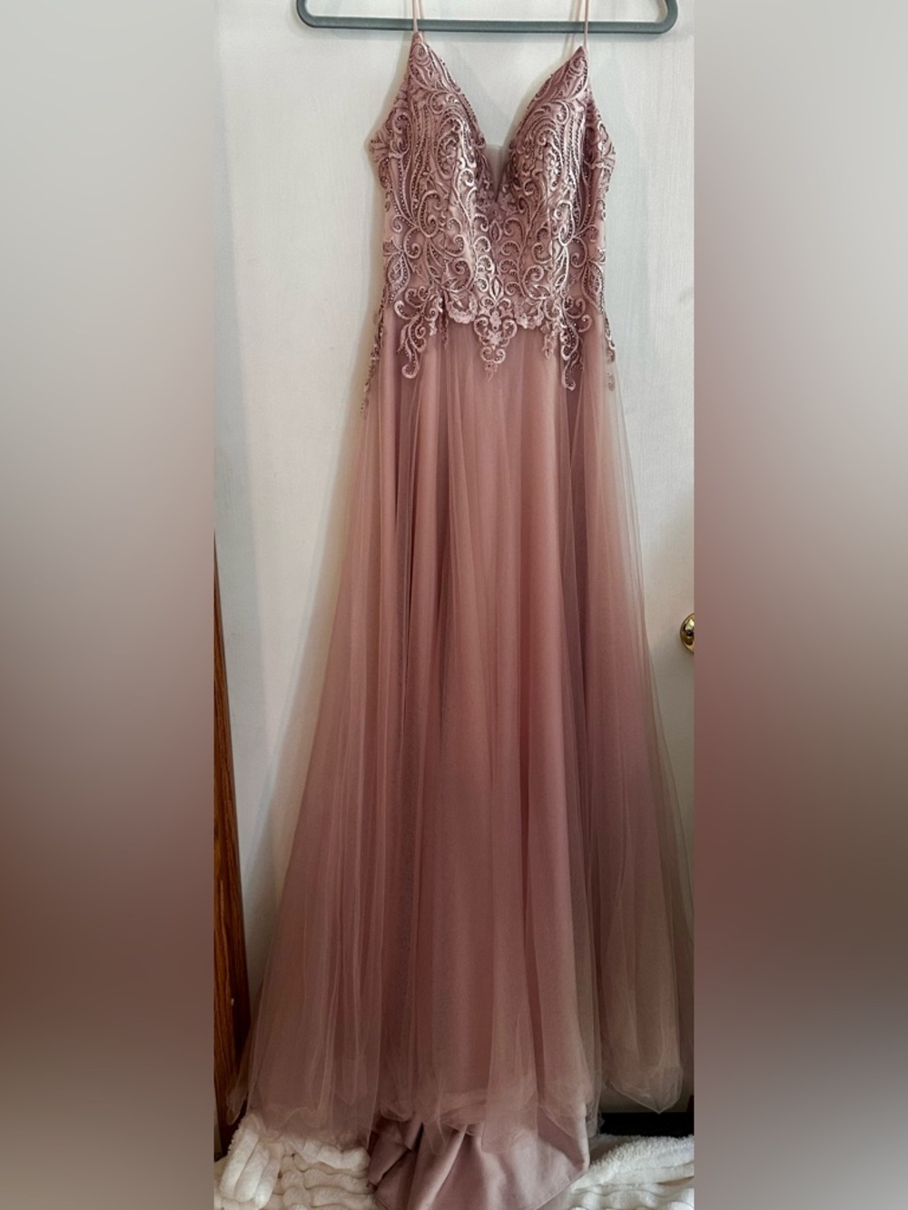 Beaded Lace Bodice Tulle Prom Gown in Dusty Mauve